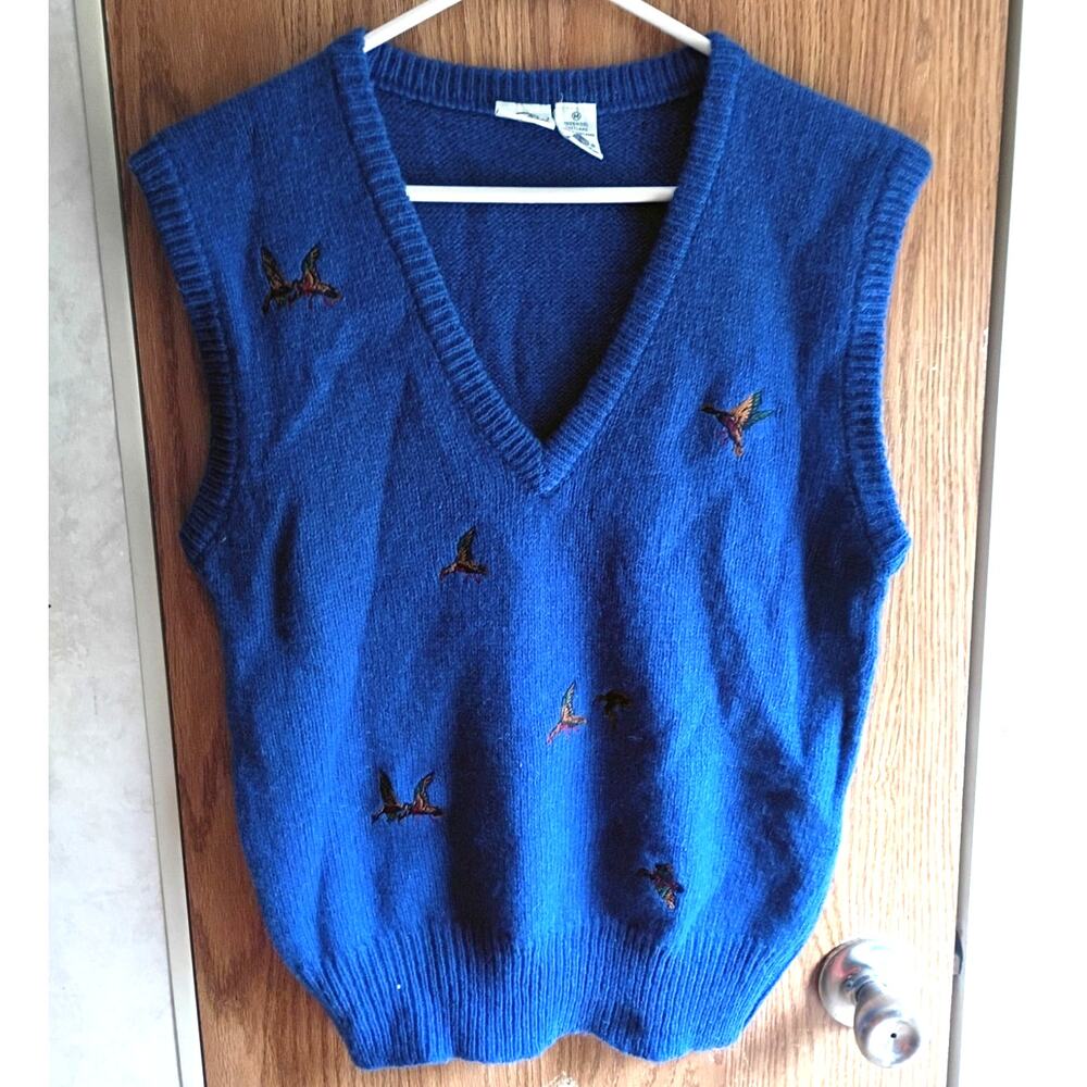 Vintage Cobalt Blue Shetland Wool Sweater Vest Medium Game Bird Sporting Lodge